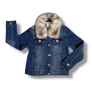 Soho Blue Girls Denim Jacket 5 Blue Button Front Removable Faux Fur Collar Fall